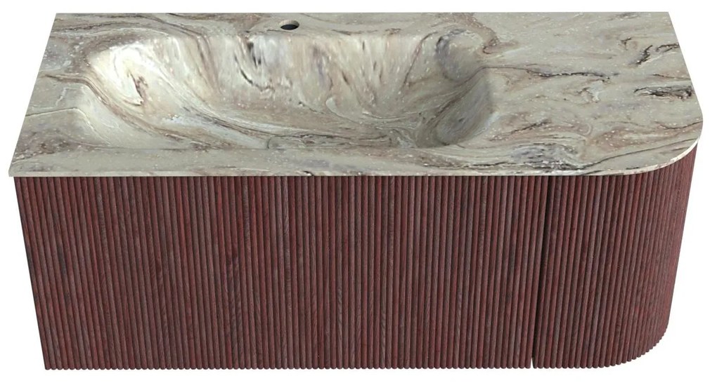 Mondiaz Kurve-dlux 105cm badmeubel ronding rechts ruby met 1 lade en deur en wastafel big small kraangat links glace
