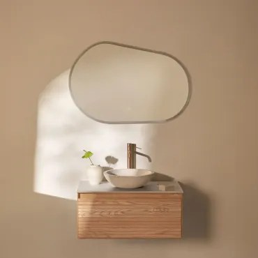 Tedrik Zwevend Badkamermeubelset 80x50 Cm In Essenhout Ash Brown & Rond Cement Wit Ø40 Cm Zavion & Ovaal Led En Anticondens 100x80 Cm - Sklum