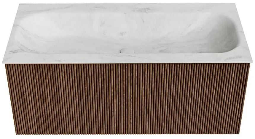 Mondiaz Kurve-dlux 100cm badmeubel walnut met 1 lade en wastafel big medium midden zonder kraangat opalo