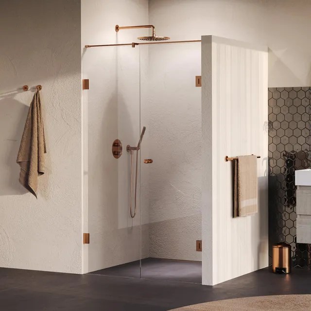 BRAUER Void Carving Nisdeur - 2-delig - 120x200cm - 60cm draaideur aan muur - glascoating - omkeerbaar - helder glas - geborsteld koper PVD GS-VOCN2H6060200GK