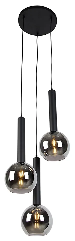 Moderne hanglamp zwart met smoke glas 3-lichts - Clayton Modern E27 bol / globe / rond Binnenverlichting Lamp