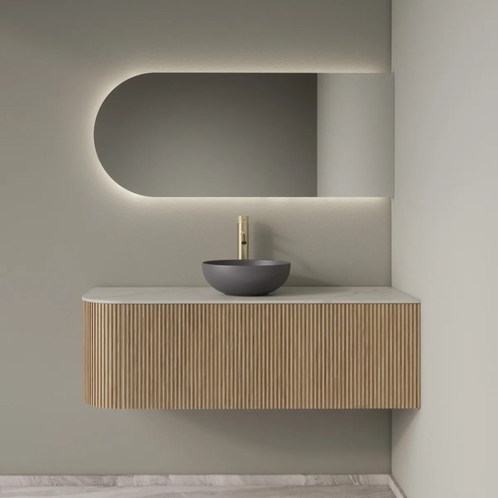 Gliss Design Alluro badmeubel ribbelfront met ronding links 120cm mist en wit marmer toppaneel