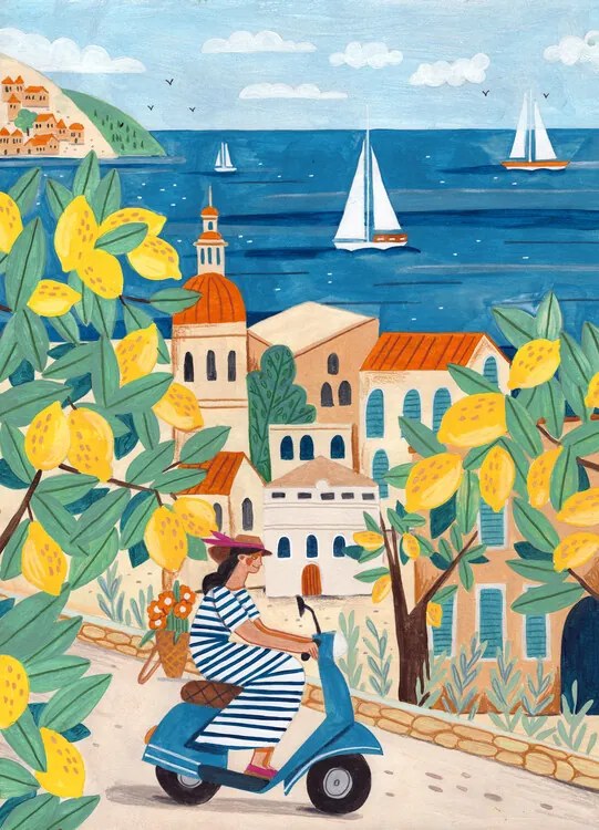 Ilustratie Travel poster woman on the Amalfi coast, Lorenzo A Roe