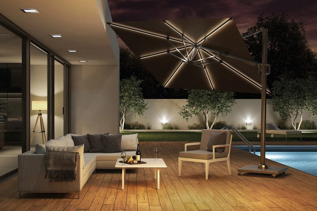 Platinum Challenger Zweefparasol T2 Premium Glow 3x3 m. - Faded Black met ingraafvoet en hoes