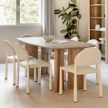 Rechthoekige Eettafelset 200x100 Cm Van Mangohout Sidney En 6 Eetkamerstoelen In Bouclé Nagore Natuurlijk Hout - Sklum