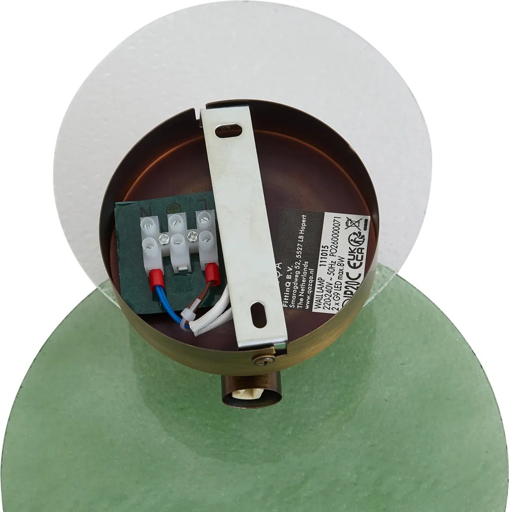 Art Deco wandlamp donker brons met groen en helder glas 2-lichts - Text