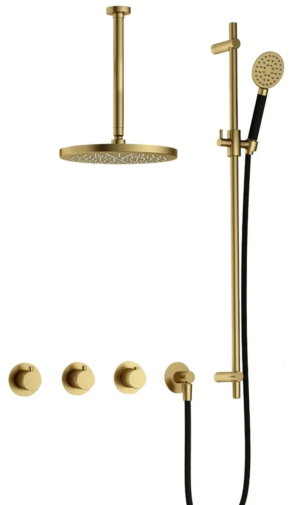 Hotbath Cobber IBS70 inbouwdouche met ronde handdouche, 30cm plafondbuis, 30cm hoofddouche en glijstang geborsteld messing PVD