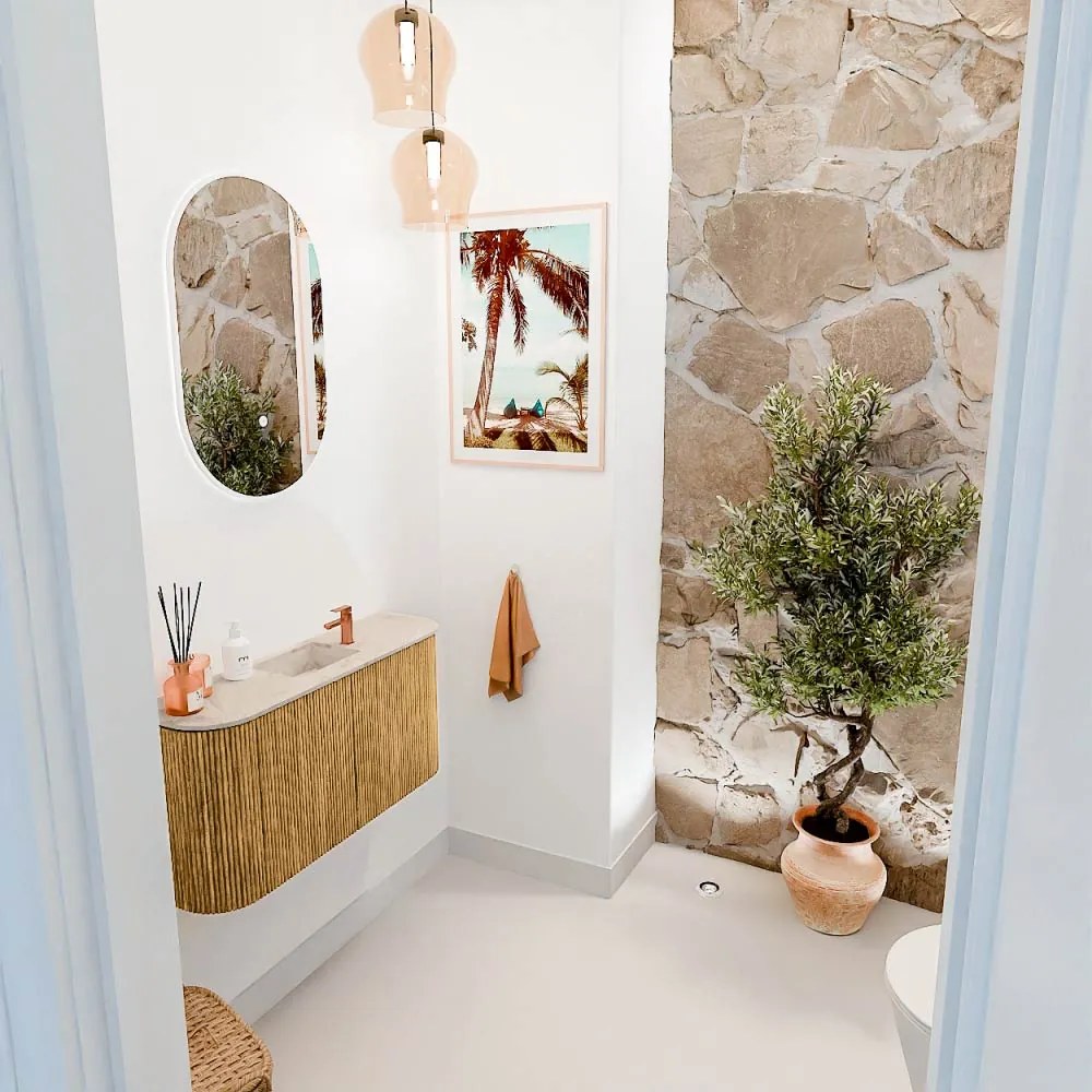 Mondiaz Joya DLux 85cm toiletmeubel ronding links/rechts oak met wastafel faye midden 1 kraangat frappe