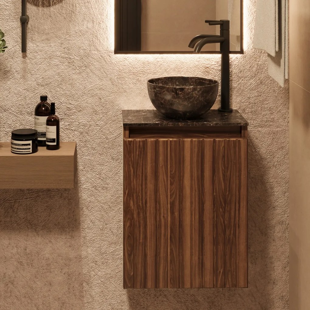 Fontana Dark Emperador Micro Marble toiletmeubel met ribbelfront 40cm walnoot