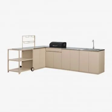 Modulaire Buitenhoekkeuken Van 6 Delen Met Gootsteen, Opbergruimte En Houtskoolbarbecue Van Rivana-staal Tapioca Beige & Grijs Geborsteld Rintran -
