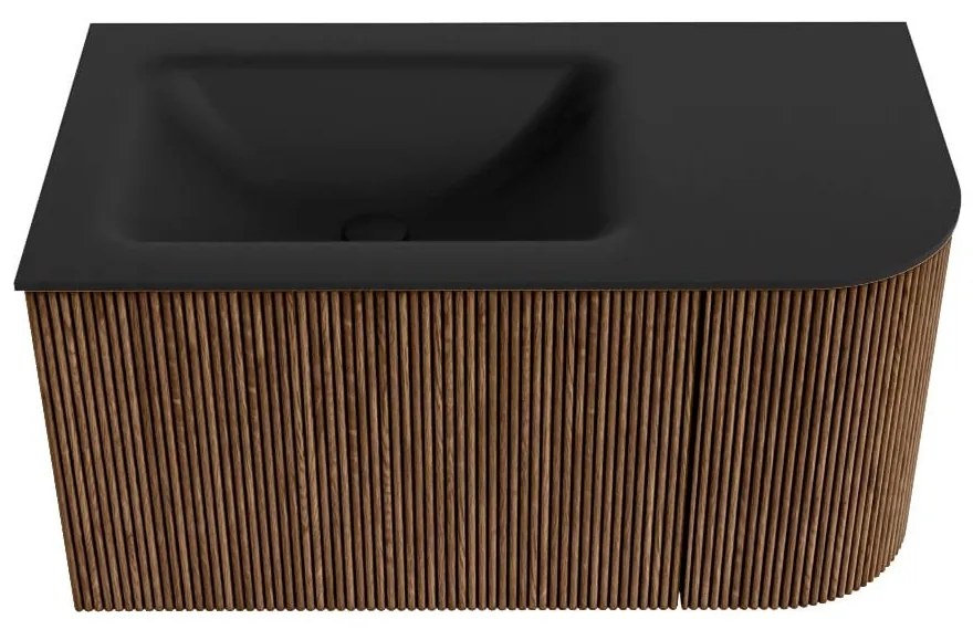 Mondiaz Kurve 85cm badmeubel ronding rechts walnut met 1 lade en deur en wastafel cloud kraangat links urban