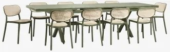 Set Van Een Uitschuifbare Rechthoekige Tafel 240-300x100 Cm In Aluminium Karena En 10 Stapelbare Eetkamerstoelen In Polypropylee Groen – Intens Olijf