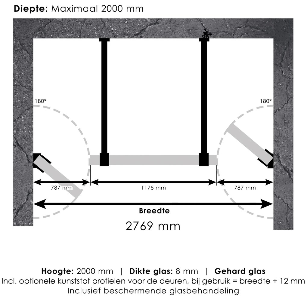 Brauer JC profielloze niscabine XL 280x200cm met 80cm deuren gunmetal geborsteld