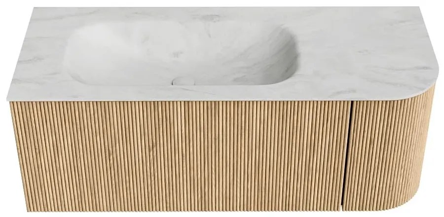 Mondiaz Kurve-dlux 115cm badmeubel ronding rechts oak met 1 lade en deur en wastafel big small links zonder kraangat opalo