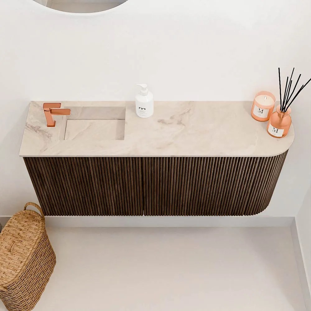 Mondiaz Joya DLux 90cm toiletmeubel ronding rechts walnut met wastafel faye links 1 kraangat frappe
