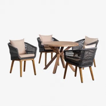 Set Van Ronde Houten Tafel (ø100 Cm) Naele En 4 Barker Eetkamerstoelen Grijs – Antraciet - Sklum