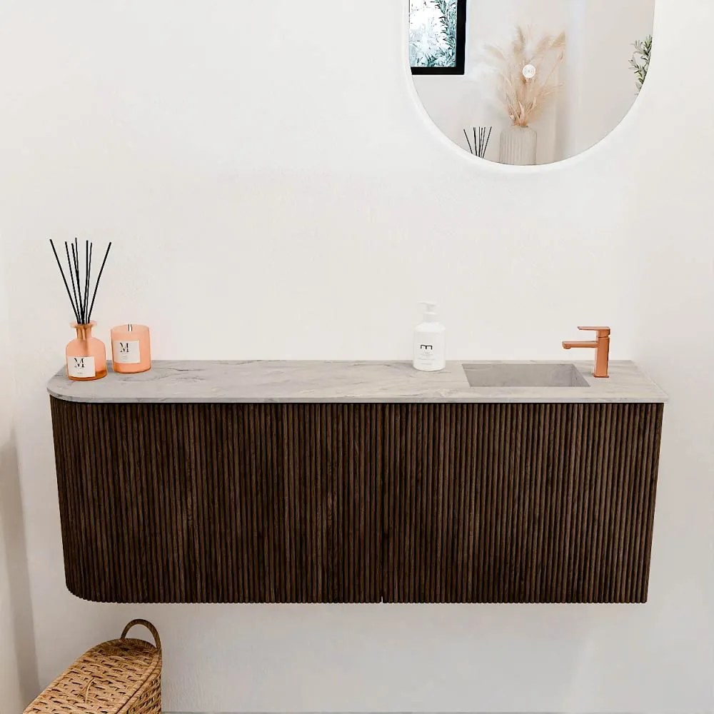 Mondiaz Joya DLux 110cm toiletmeubel ronding links walnut met wastafel faye rechts 1 kraangat glace