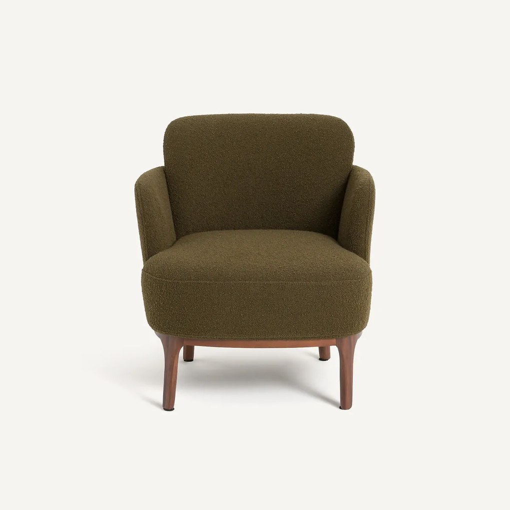 Fauteuil van notenhout en bouclé Jabote