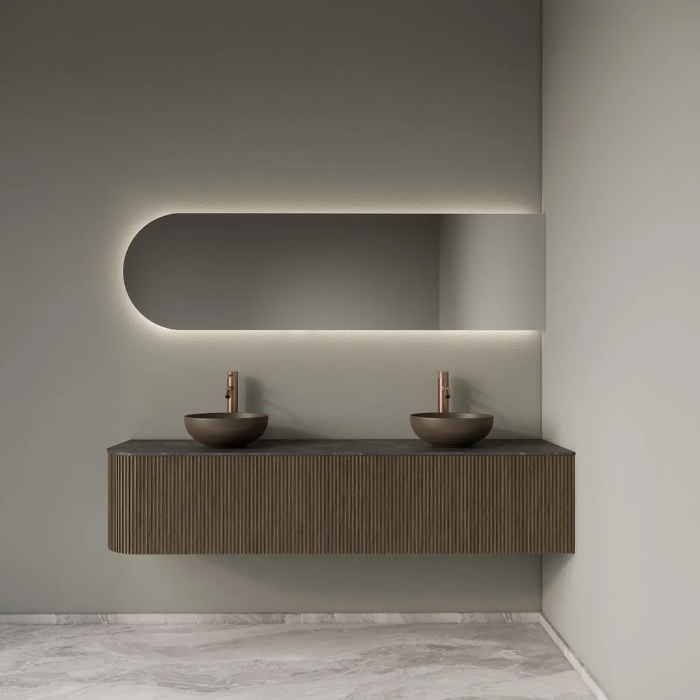 Gliss Design Alluro badmeubel ribbelfront met ronding links 180cm ash grey en zwart leisteen toppaneel