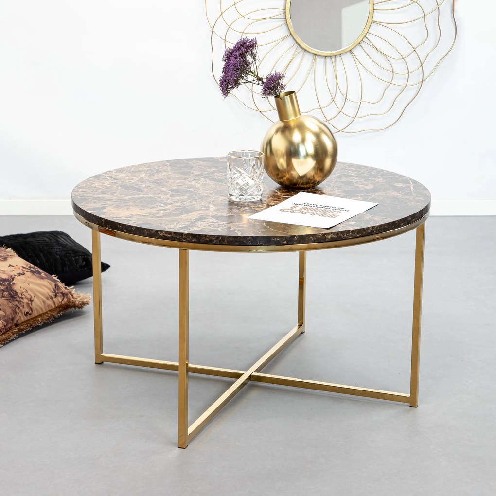 SoHome Ronde Salontafel 'Cay' Ø80cm Bruin Marmer, onderstel goud BIANO