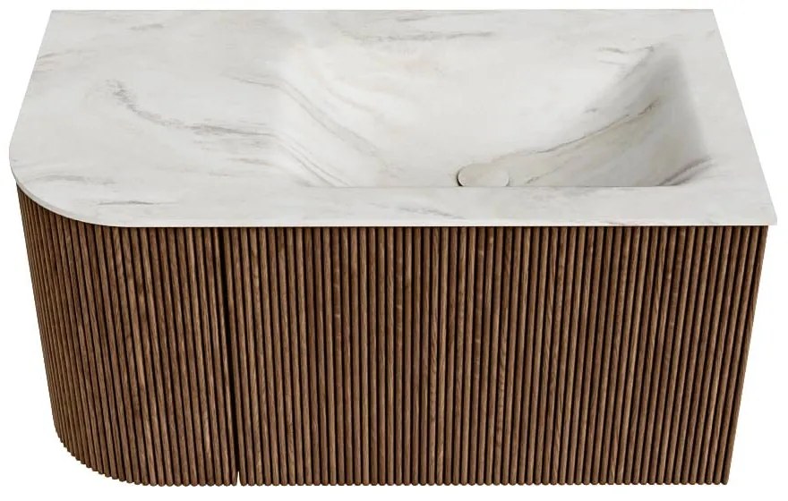 Mondiaz Kurve-dlux 85cm badmeubel ronding links walnut met 1 lade en deur en wastafel cloud kraangat rechts ostra
