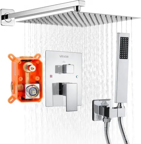 VEVOR Douchekraan Regendouchesysteem voor Badkamer Douchesysteem met 305 mm Vierkante Regendouchekop &amp; Handdouche, Wandgemonteerde Badkamerkranen met Messing Klep &amp; Afwerkingsset, Zilver Chroom