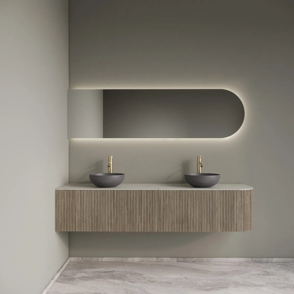 Gliss Design Alluro badmeubel ribbelfront met ronding rechts 180cm corn silk en wit marmer toppaneel