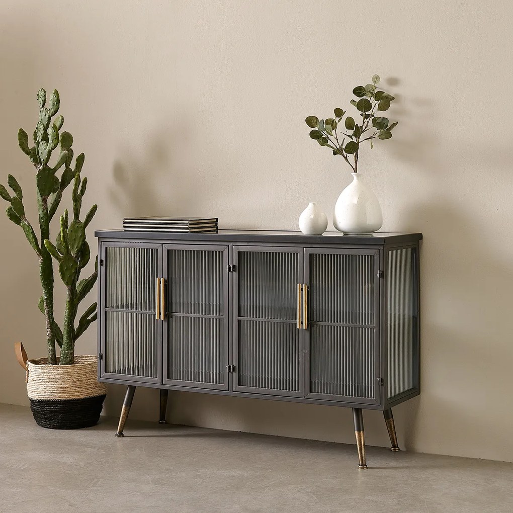 Dressoir Zwart Met Ribbelglas - 120x35x75cm.
