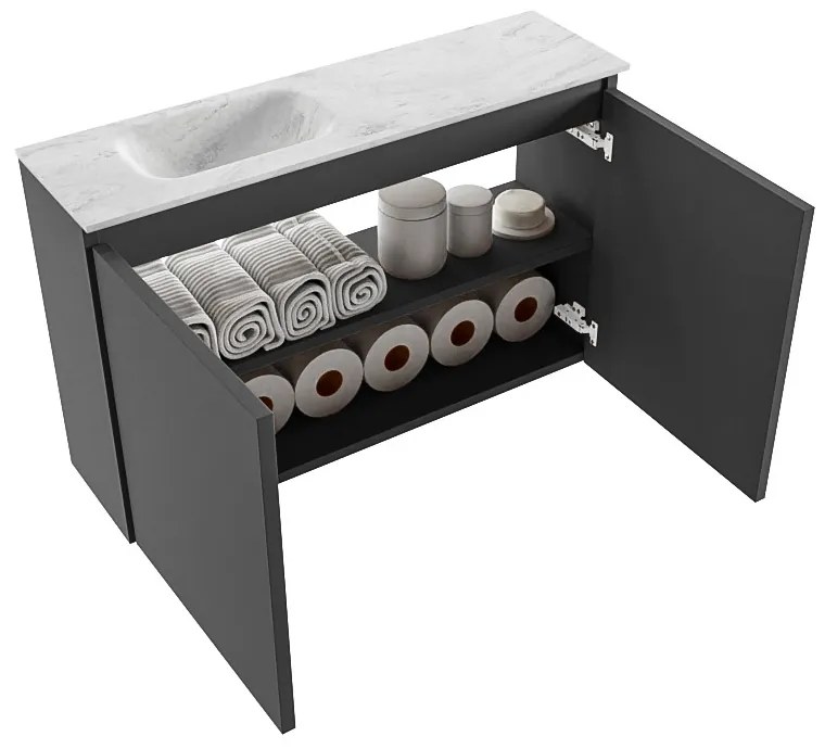 Mondiaz Ture DLux toiletmeubel 80cm dark grey met wastafel opalo links met kraangat