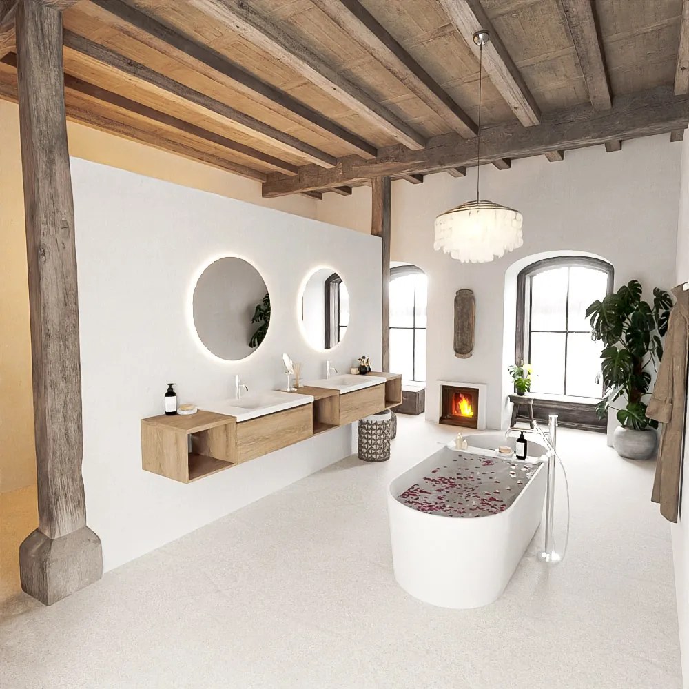Mondiaz Bukla 280cm badmeubel met open module 40 L+M+R Washed Oak met 2 lades wastafel Cloud dubbel 2 kraangaten Talc