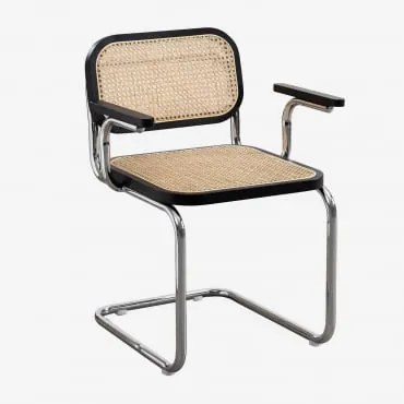 Set Van 4 Eetkamerstoelen Met Armleuningen Van Rattan En Staal Tento Gewoon Zwart & Grijs – Chroom - Sklum