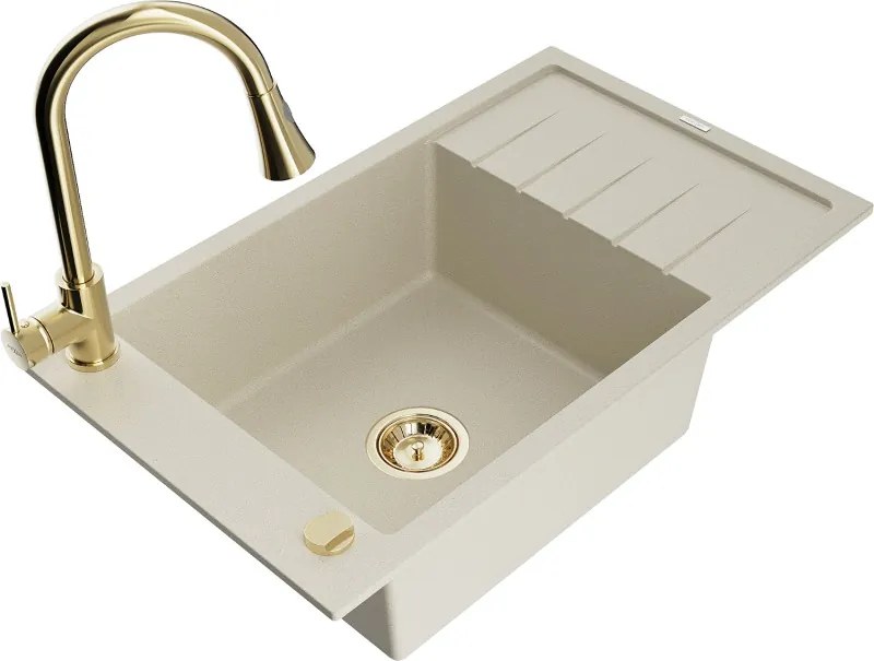 Mexen Elias granit gootsteen met 1 bak, afdruiprek en keukenkraan Elia, beige - 6511-69-670101-50