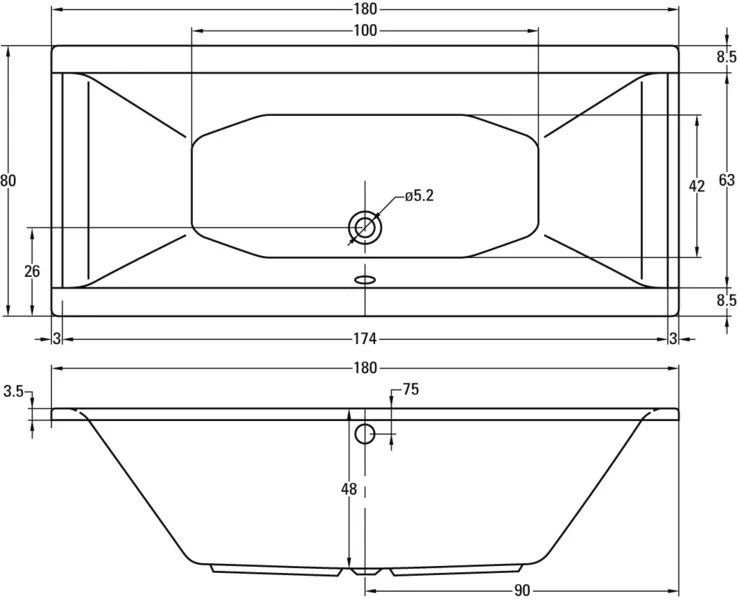 Plieger Corfu duobad extra diep 180x80x48cm met poten wit