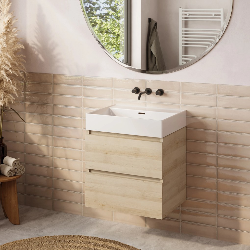 Plieger Kansas badmeubel 60cm met glans witte wastafel zonder kraangat beach eiken