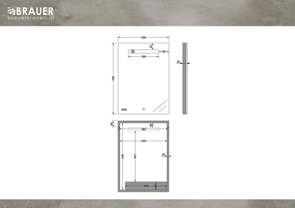 Brauer Quartz rechthoekige spiegel met verlichting 50x70cm