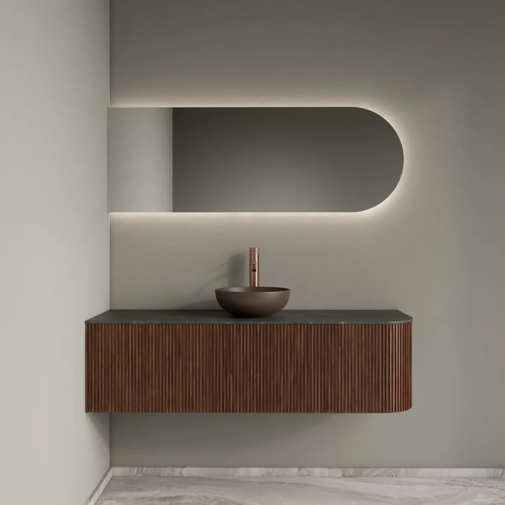 Gliss Design Alluro badmeubel ribbelfront met ronding rechts 140cm walnut en zwart leisteen toppaneel