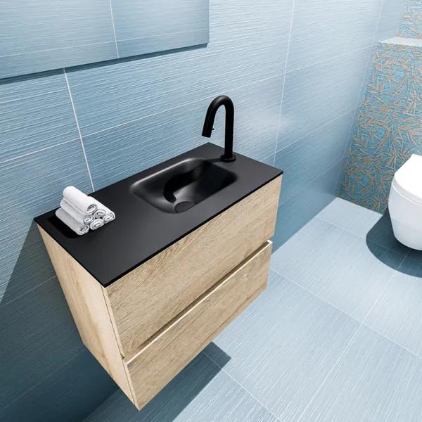 MONDIAZ ADA Toiletmeubel 60x30x50cm met 1 kraangaten 2 lades washed oak mat Wastafel Lex rechts Solid Surface Zwart FK75342327