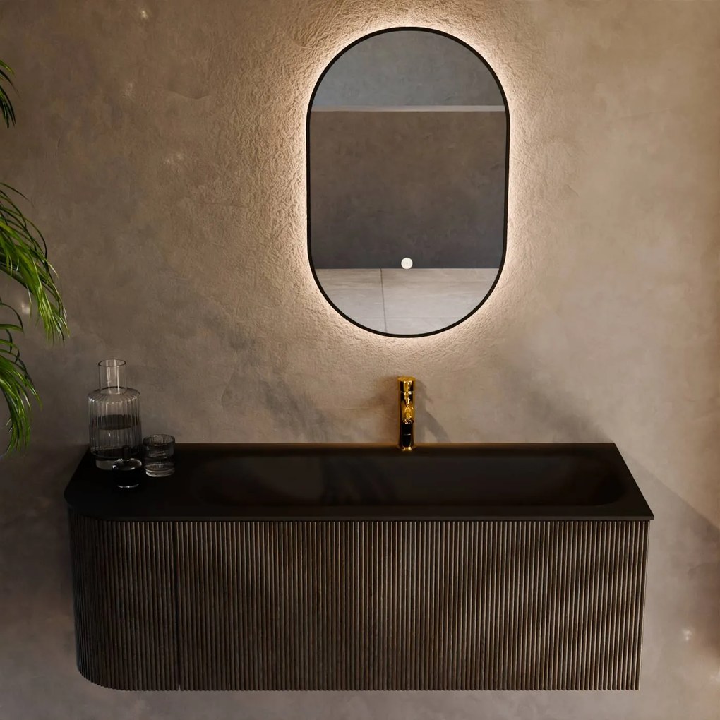 Mondiaz Kurve 125cm badmeubel ronding links shadow met 1 lade en deur en wastafel big medium kraangat rechts urban