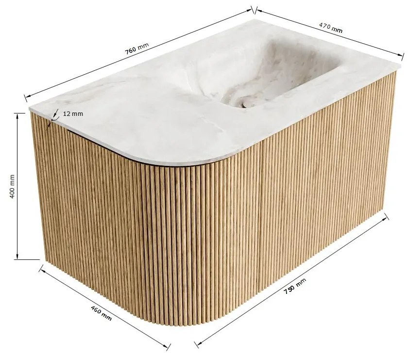 Mondiaz Kurve-dlux 75cm badmeubel ronding links shadow met 1 lade en deur en wastafel grunne kraangat rechts frappe