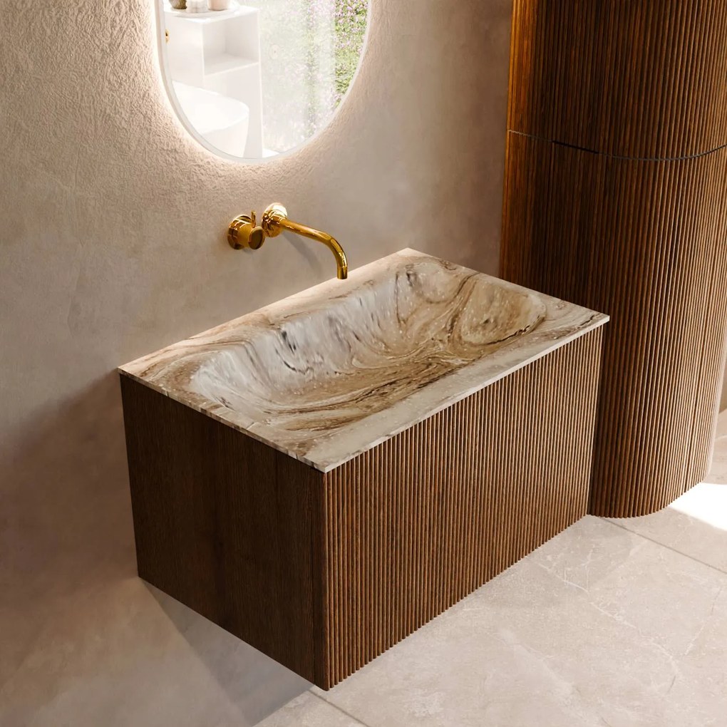 Mondiaz Kurve-dlux 70cm badmeubel dusk met 1 lade en wastafel big small midden zonder kraangat glace
