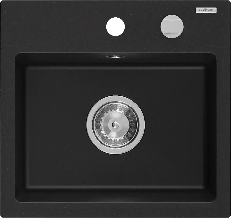 Mexen Milo granieten gootsteen 1-komors 435 x 410 mm, zwart, chromen sifon - 6505441000-77