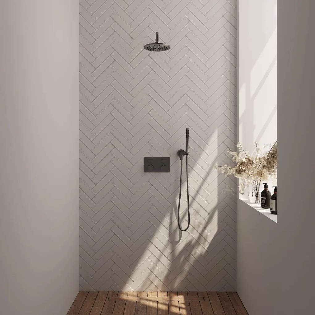 Brauer Gunmetal Edition thermostatische inbouw regendouche met staafhanddouche, gebogen muurarm en hoofddouche 20cm set 51 gunmetal geborsteld PVD