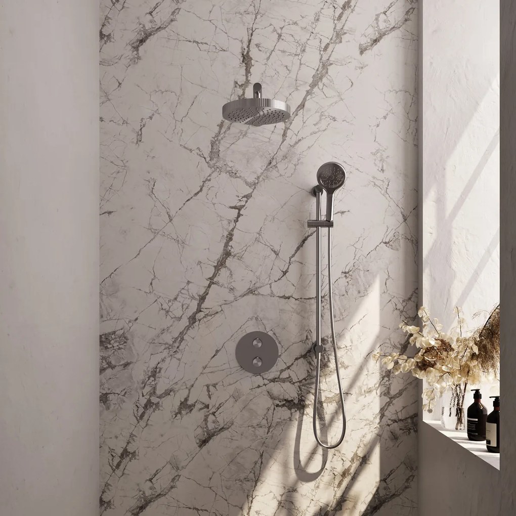 Brauer Stripe inbouw regendouche rond met 25cm hoofddouche, rond met rechte muurarm, glijstang en 3 standen handdouche set 46 RVS geborsteld PVD