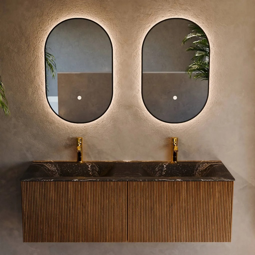 Mondiaz Kurve-dlux 130cm badmeubel dusk met 2 lades en wastafel leaf dubbel 2 kraangaten lava
