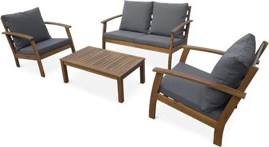 Houten loungeset 4 plaatsen - UshuaÃ¯a - Grijs kussens, bank, fauteuils en lage tafel van acacia, design