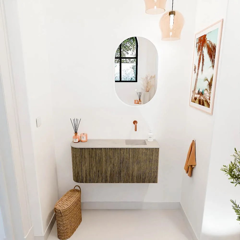 Mondiaz Joya DLux 90cm toiletmeubel ronding links dusk met wastafel faye rechts zonder kraangat opalo