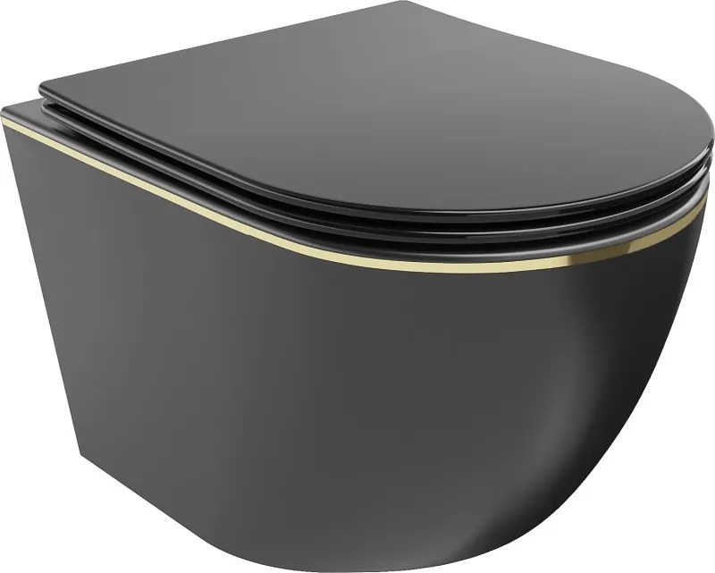 Mexen Lena wandcloset Rimless met soft-close slim zitting, duroplast, zwart mat/gouden lijn - 30224075