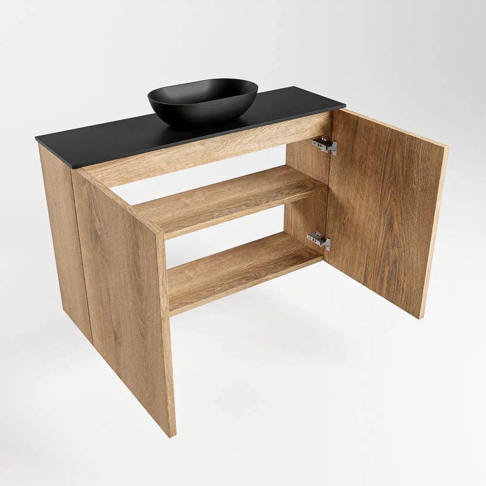 Mondiaz Fowy toiletmeubel 80cm washed oak met zwarte waskom midden en kraangat