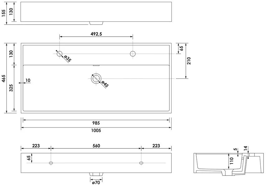 Brauer Lunar wastafel keramiek 100cm met 2 kraangaten zwart mat