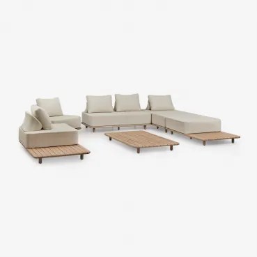 Tuinset Met 3-delige Modulaire Chaise Longue Bank, Bijzettafel, 2 Fauteuils En Salontafel 160x95 Cm In Acacia Portet Lichte Acaciekleur - Sklum